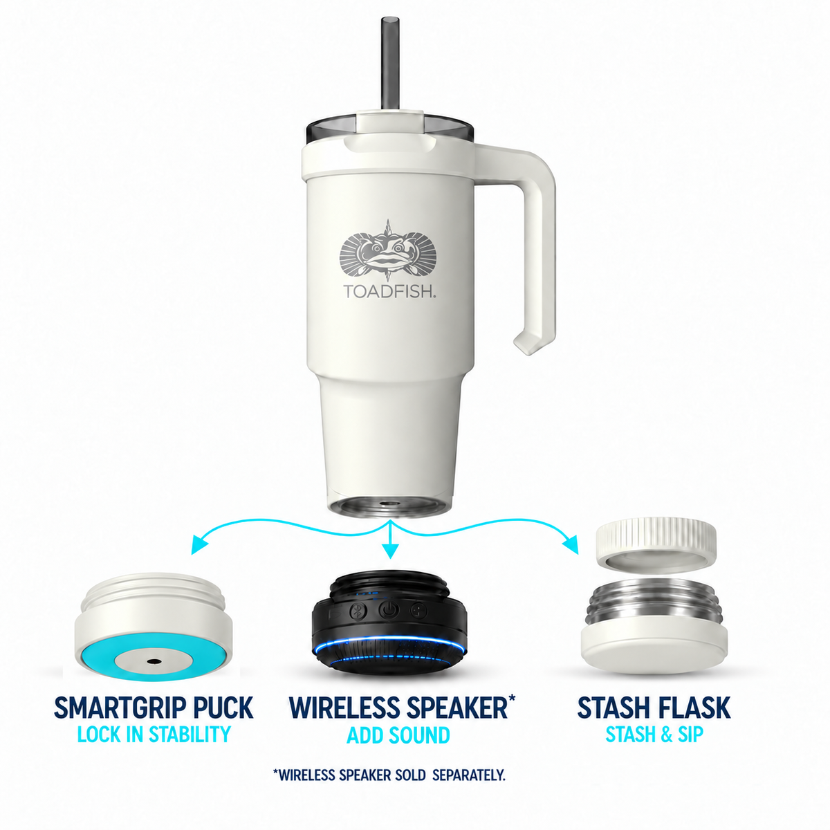Toadfish 24 oz Mod-Lock tumbler in white with SmartGrip puck, wireless speaker (sold separately), and Stash-Flask base options#color_white