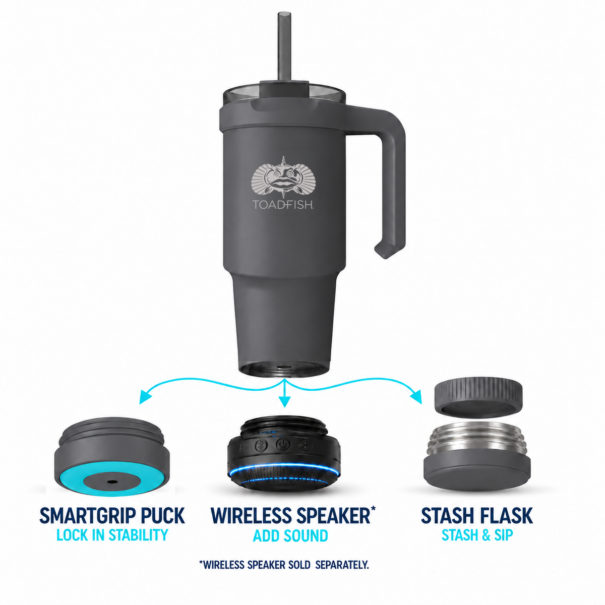 Toadfish 24 oz Mod-Lock tumbler in gray with SmartGrip puck, wireless speaker (sold separately), and Stash-Flask base options
