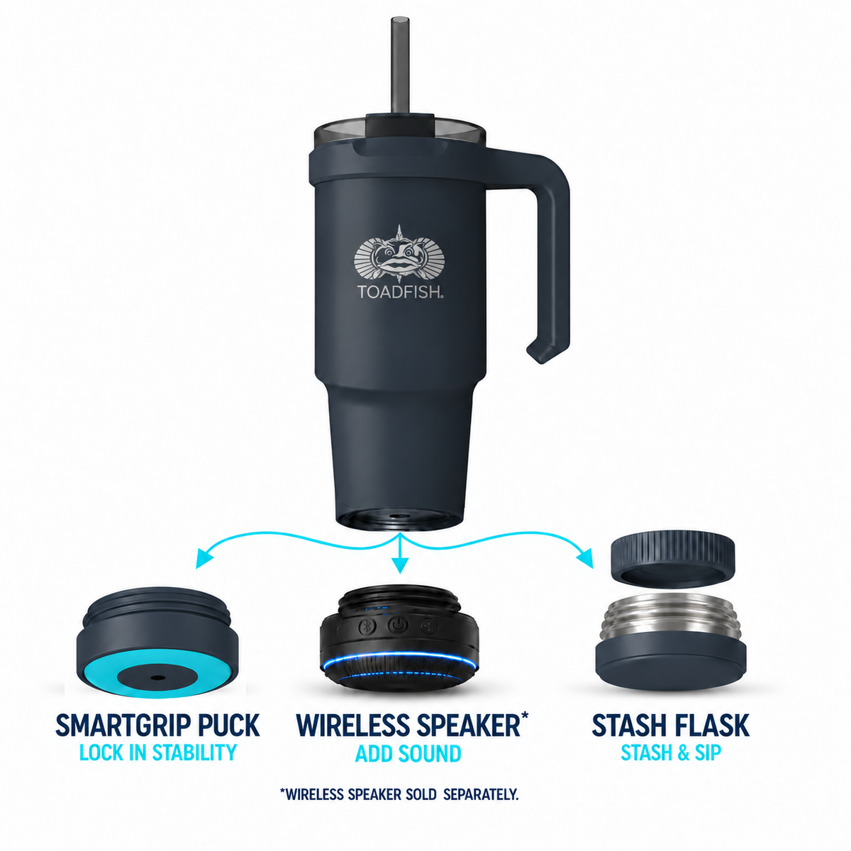 Toadfish 24 oz Mod-Lock tumbler in navy with SmartGrip puck, wireless speaker (sold separately), and Stash-Flask base options