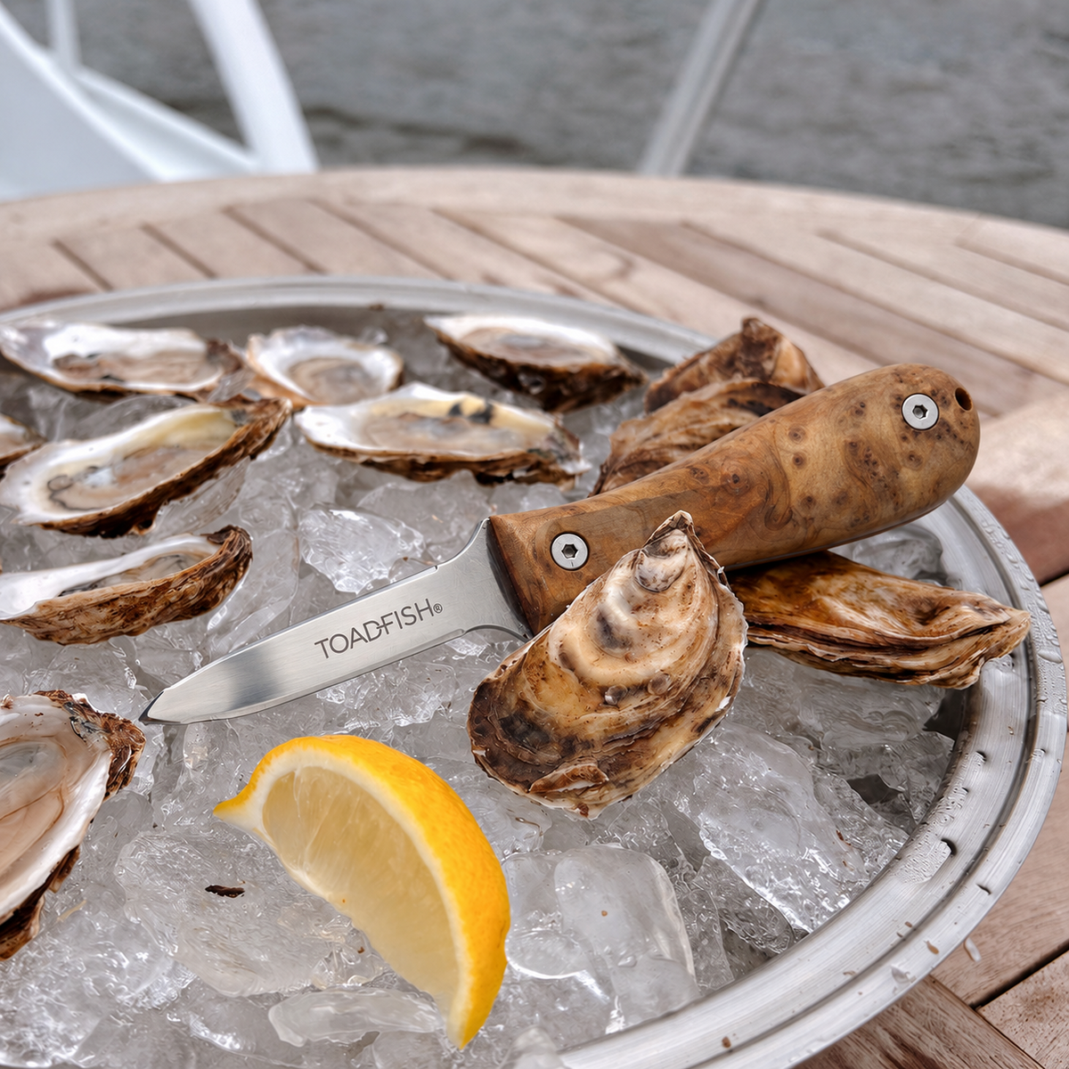 Toadfish Burl Wood Oyster Knife with Pro blade on an iced oyster platter beside a lemon wedge