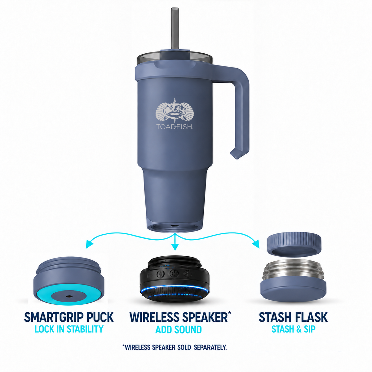 Toadfish 24 oz Mod-Lock tumbler in blue with SmartGrip puck, wireless speaker (sold separately), and Stash-Flask base options