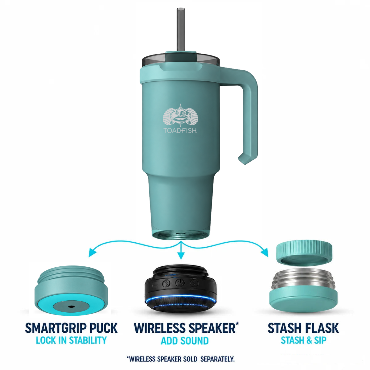 Toadfish 24 oz Mod-Lock tumbler in teal with SmartGrip puck, wireless speaker (sold separately), and Stash-Flask base options