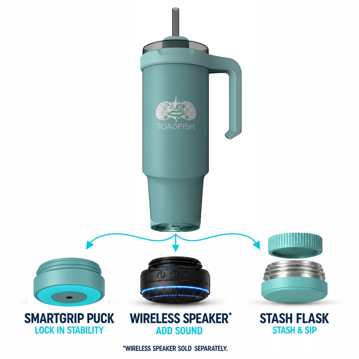 Toadfish 32 oz Mod-Lock tumbler in teal with SmartGrip puck, wireless speaker (sold separately), and Stash-Flask base options