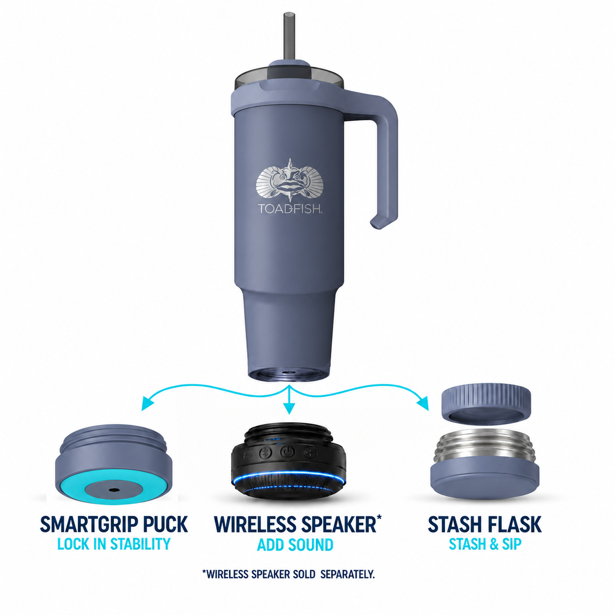 Toadfish 32 oz Mod-Lock tumbler in blue with SmartGrip puck, wireless speaker (sold separately), and Stash-Flask base options