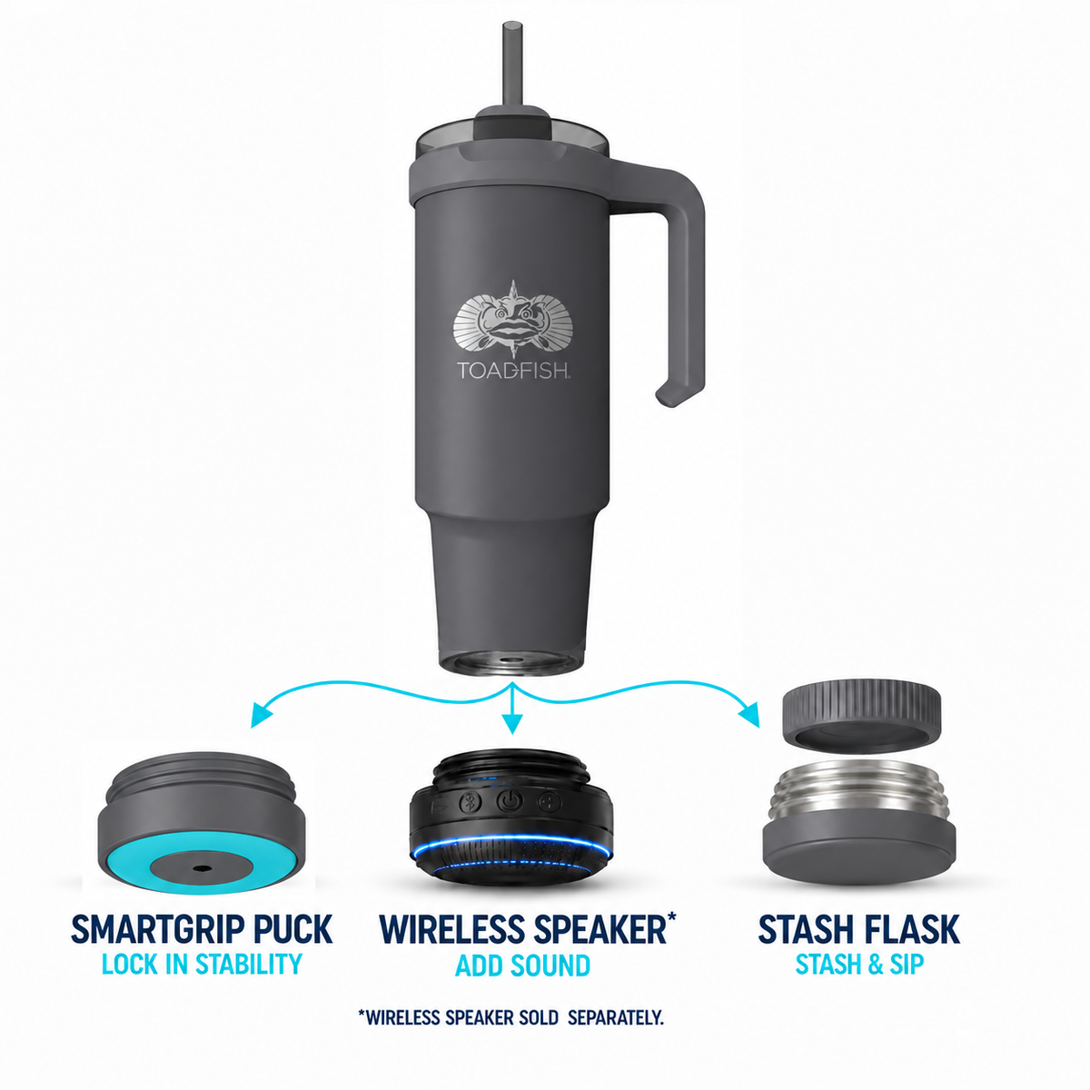 Toadfish 32 oz Mod-Lock tumbler in gray with SmartGrip puck, wireless speaker (sold separately), and Stash-Flask base options