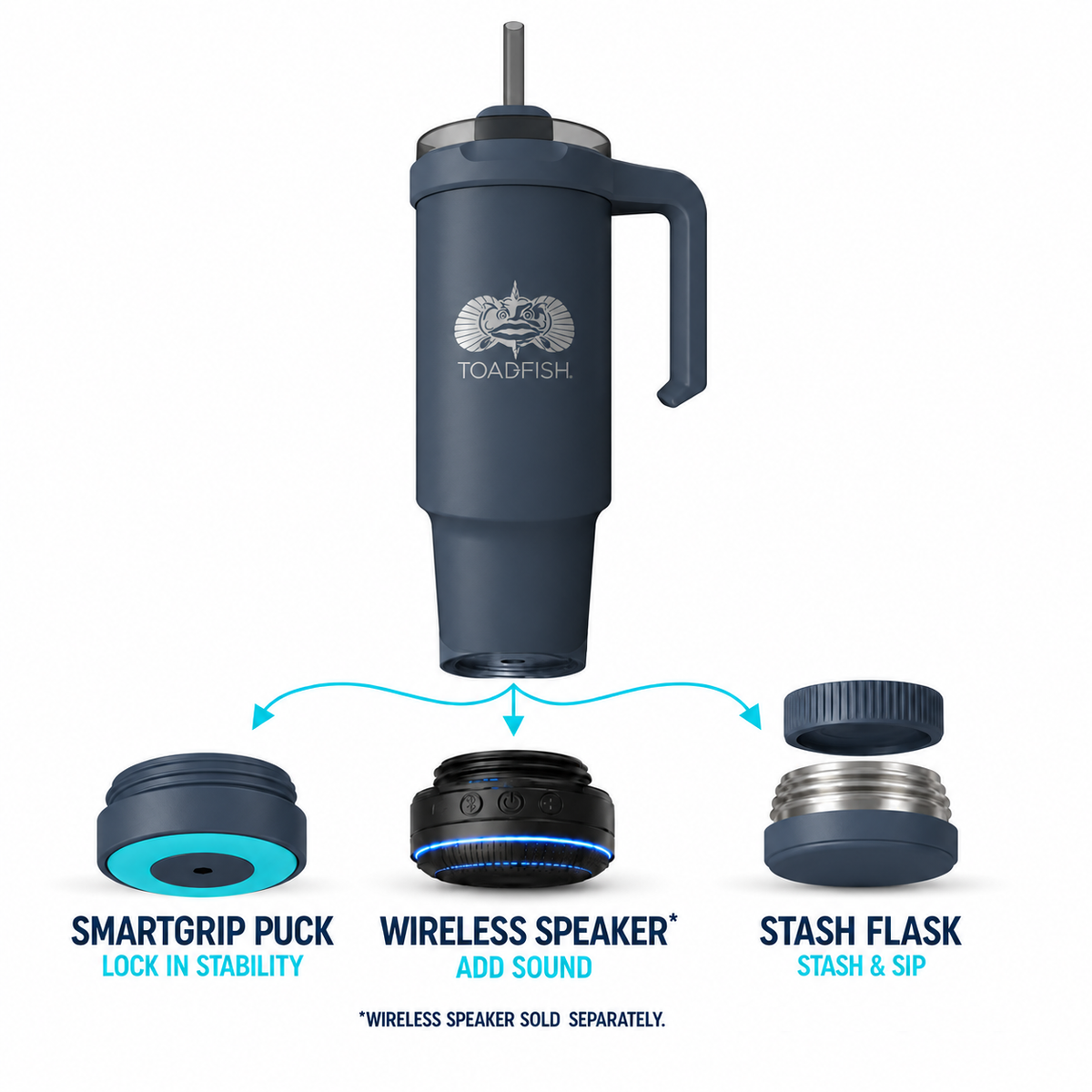 Toadfish 32 oz Mod-Lock tumbler in navy with SmartGrip puck, wireless speaker (sold separately), and Stash-Flask base options#color_navy