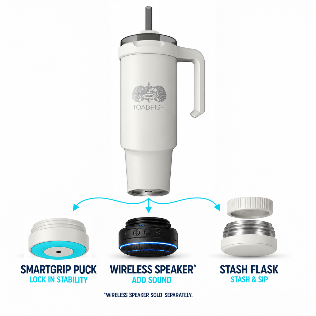 Toadfish 32 oz Mod-Lock tumbler in white with SmartGrip puck, wireless speaker (sold separately), and Stash-Flask base options