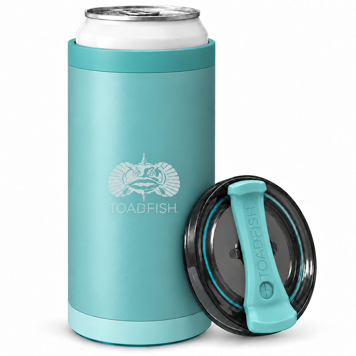 Toadfish SmartGrip 4-in-1 Can Cooler in Teal holding a 12 oz can with included smoky Tri-Flow lid#color_teal