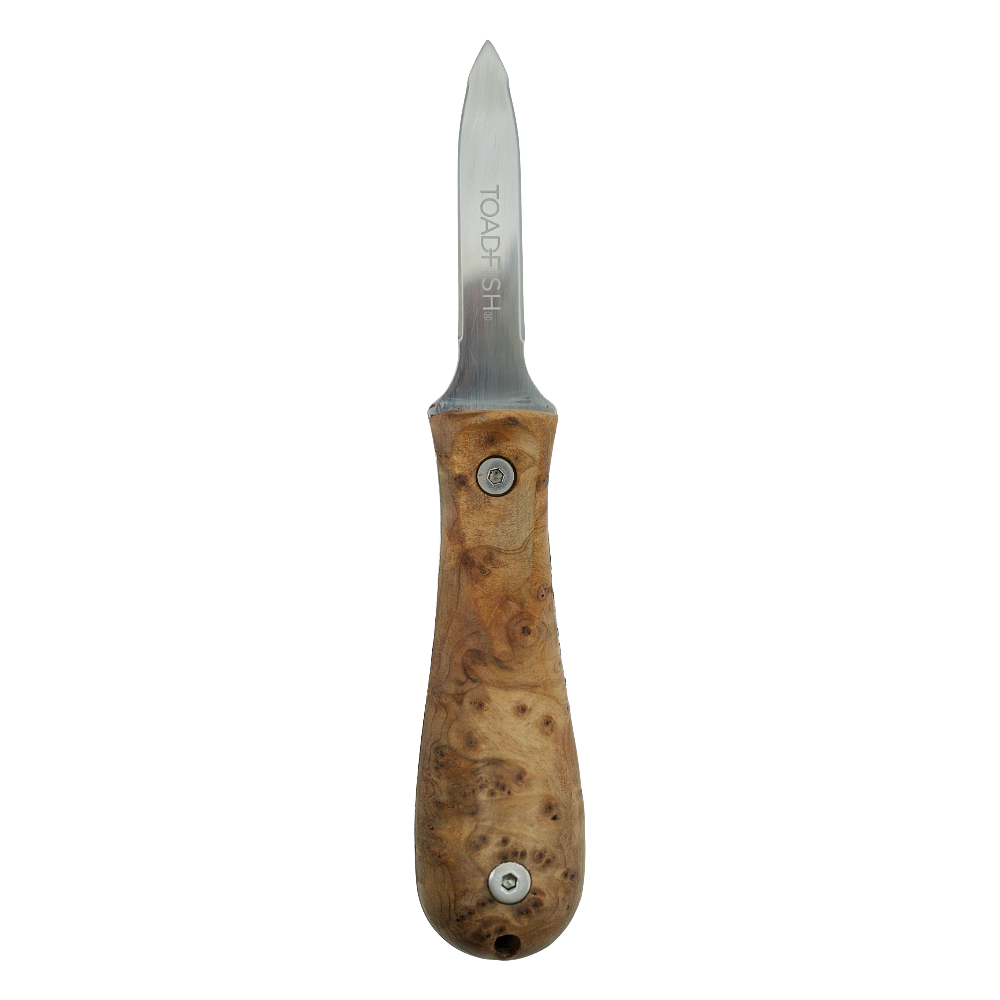 Toadfish Burl Wood Oyster Knife with curved blade and patterned burl wood handle