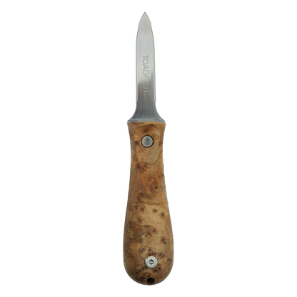 Toadfish Burl Wood Oyster Knife with curved blade and patterned burl wood handle