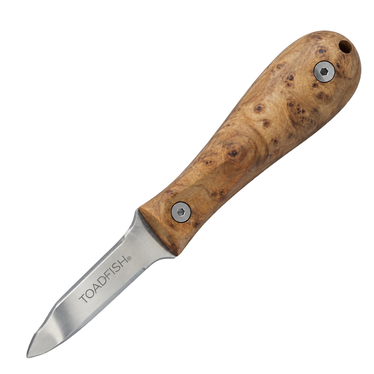 Toadfish Burl Wood Oyster Knife with Pro blade shown diagonally on a transparent background