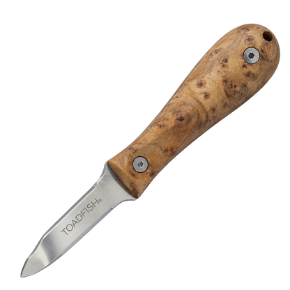 Toadfish Burl Wood Oyster Knife with Pro blade shown diagonally on a transparent background