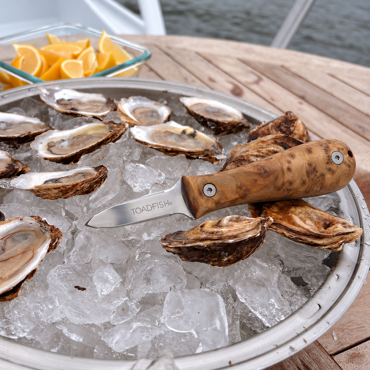 Toadfish Burl Wood Oyster Knife with Pro blade resting on an iced oyster platter with lemon wedges nearby