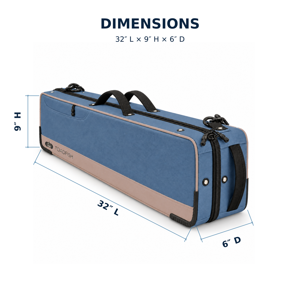 Muted blue and warm tan Toadfish Fishing Travel Case dimensions: 32 inches long, 9 inches high and 6 inches deep.
