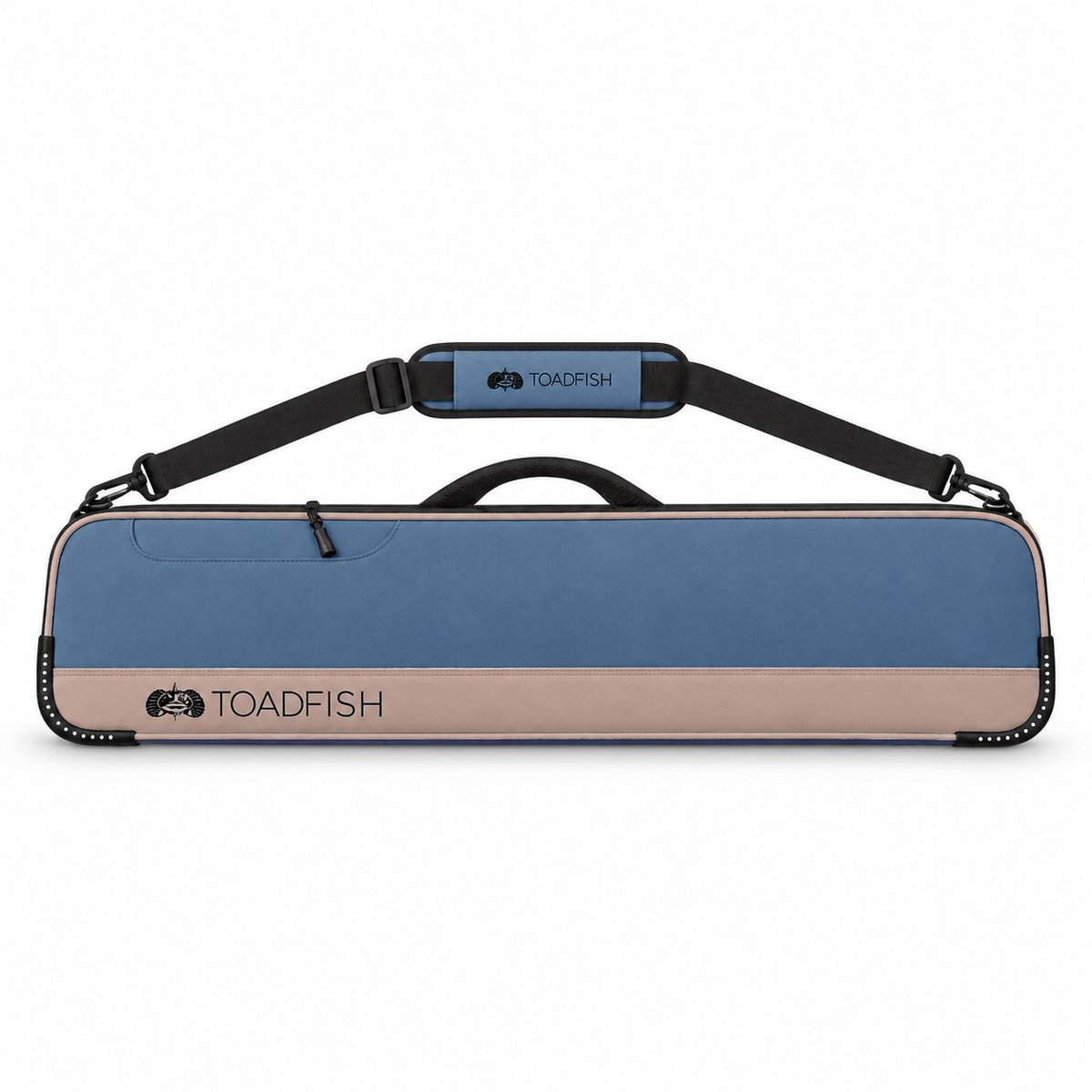 Front view of the muted blue and warm tan Toadfish Fishing Travel Case with adjustable shoulder strap.