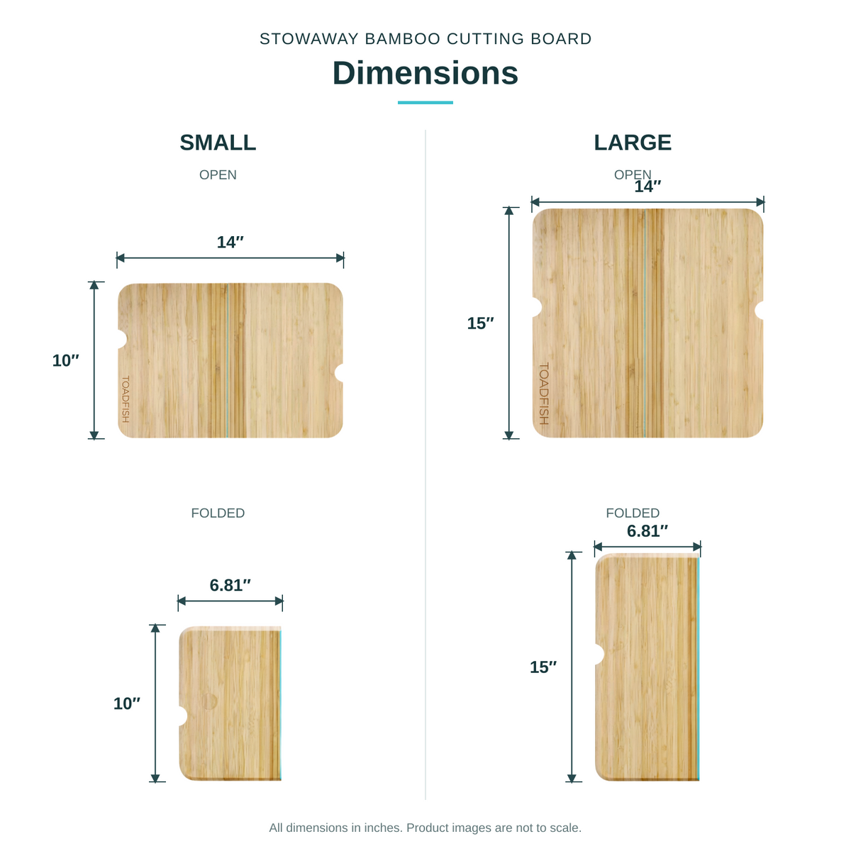 Stowaway Bamboo Cutting Board dimensions: Small 14 by 10 inches open, 6.81 by 10 inches folded; Large 14 by 15 inches open, 6.81 by 15 inches folded.