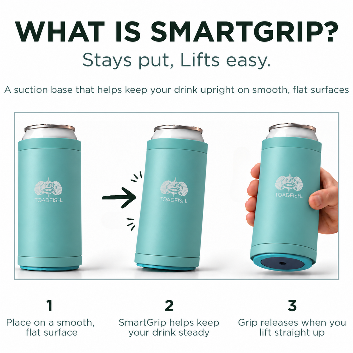 Toadfish SmartGrip 4-in-1 Can Cooler in Teal: place on a smooth surface, resist tipping, and lift straight up to release#color_teal